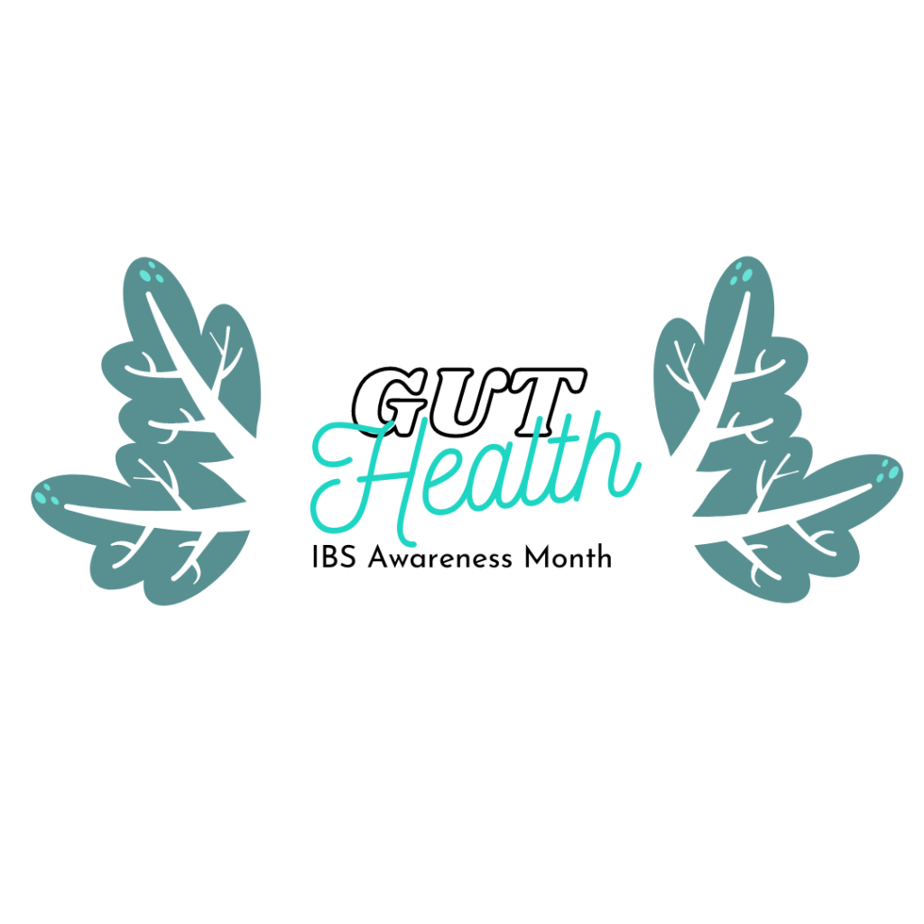 the words gut health in the centre with 2 green leaves on either side