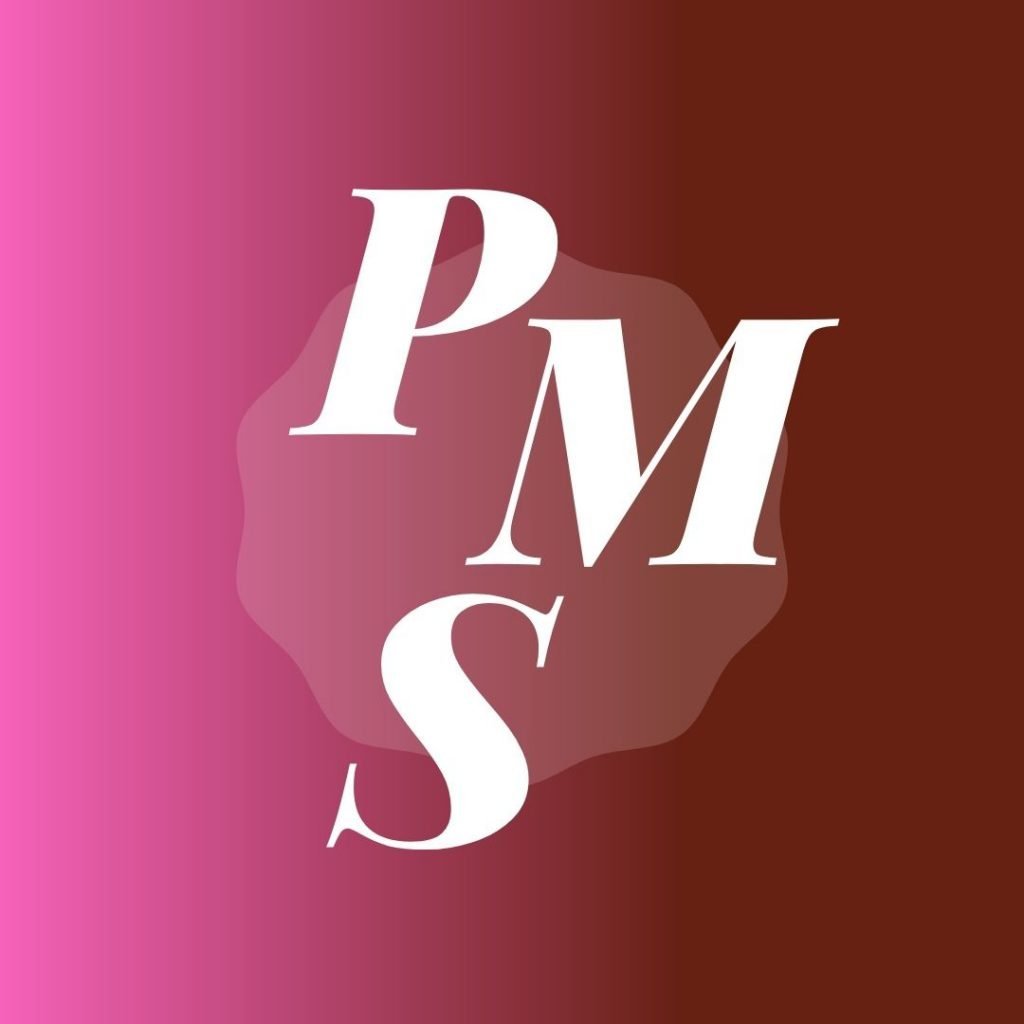 the letters P, M, & S in the centre in white over a left to right gradient of hot pink to burgundy