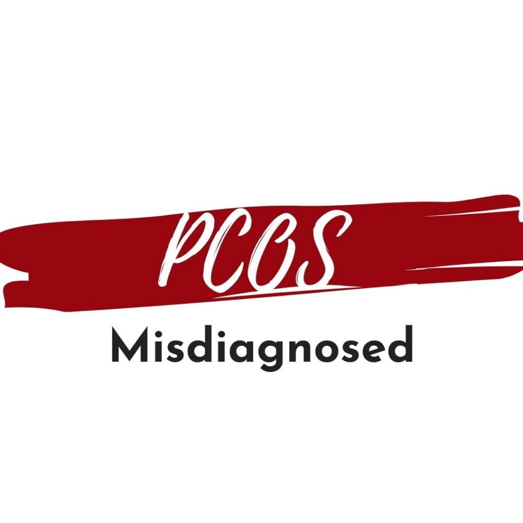 white square with a red horizontal streak in the middle. On the streak is the acronym PCOS in white, underneat the word misdiagnosed in black