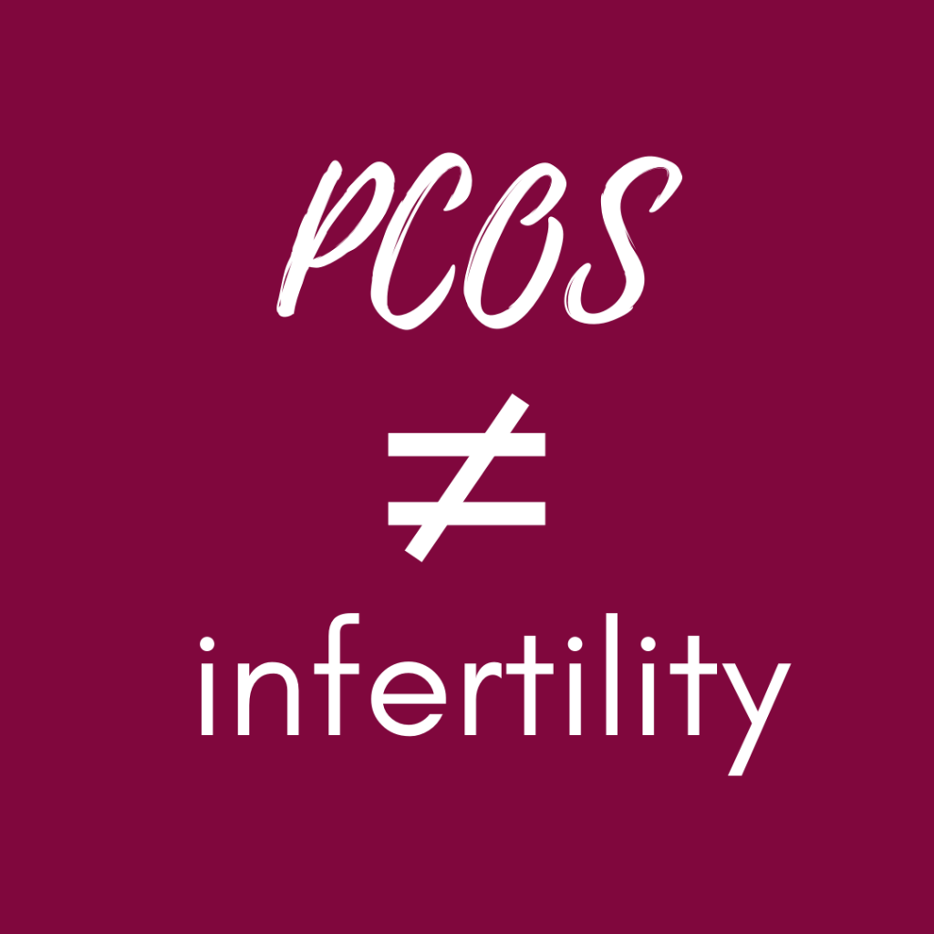 magenta background with "PCOS does not equal infertility" in white on top