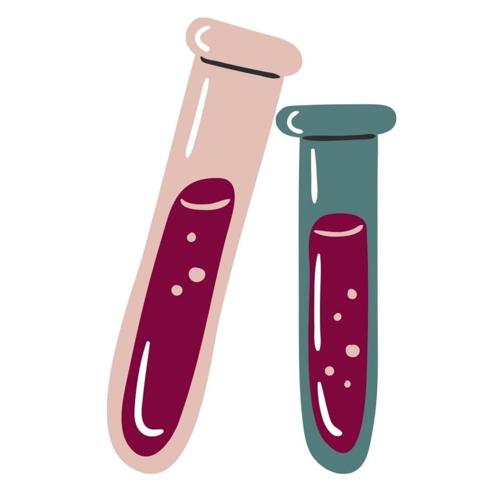 2 clipart test tubes (one pink and one green) with blood in them