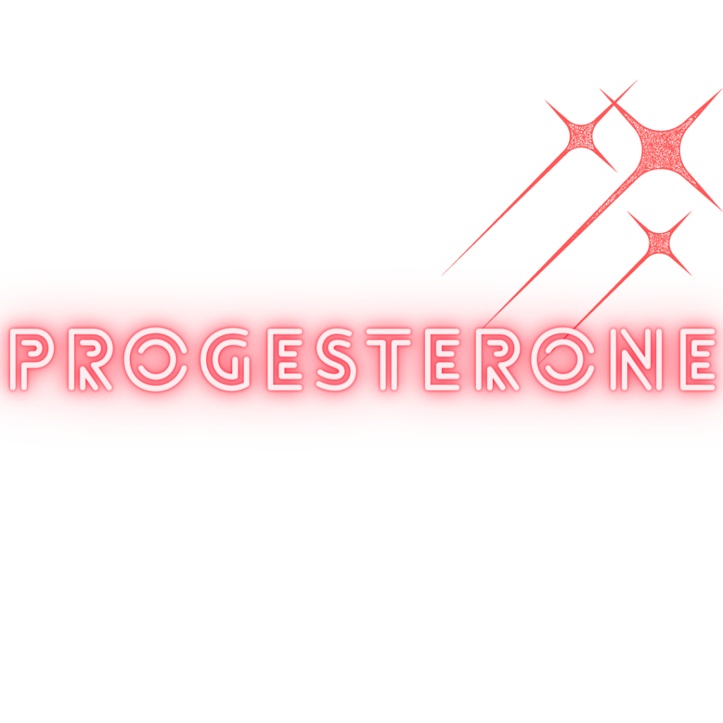 the word "progesterone" in bold hot pink letters with 3 shining starts beside it