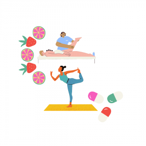 clipart cartoons of fruit, a lady on a massage table getting a massage, a person doing yoga on a yellow mat, and 3 colourul capsules