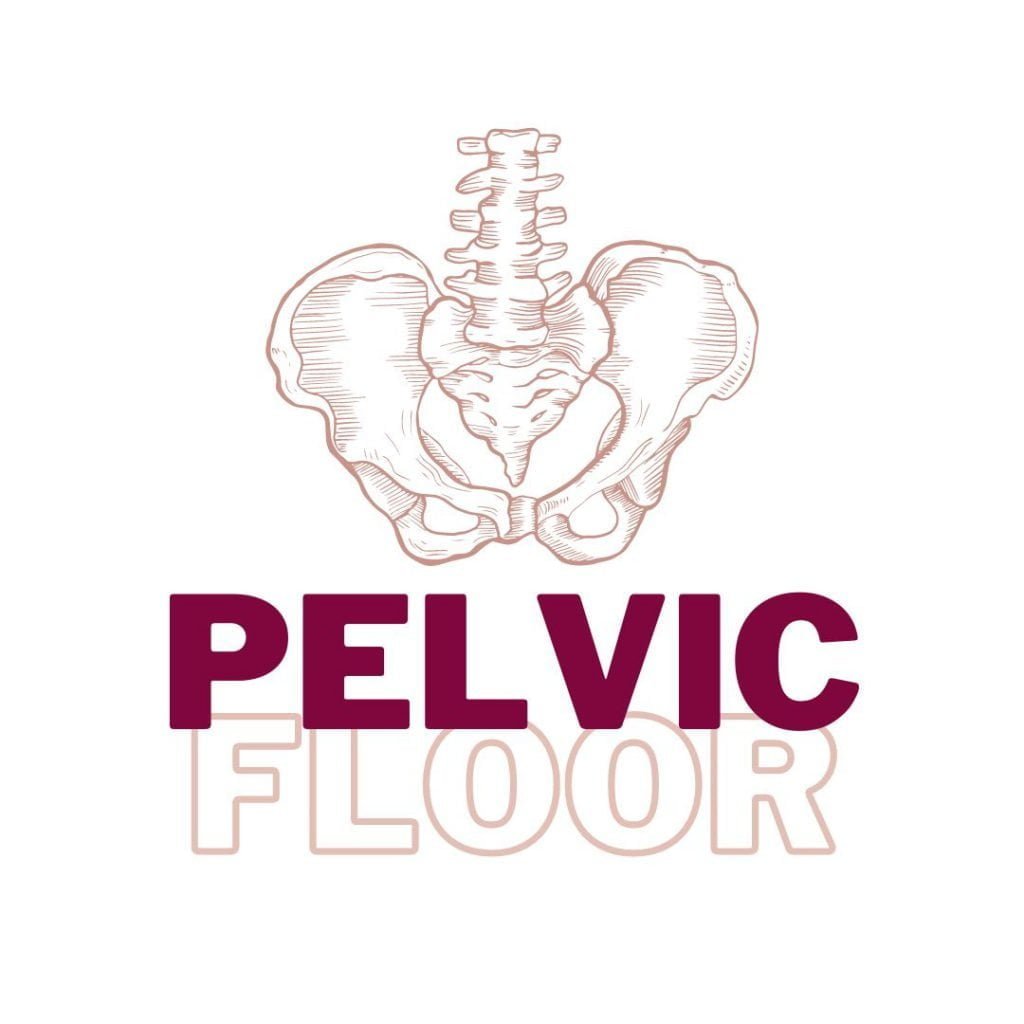 a pelvis outline with the words pelvic floor underneat