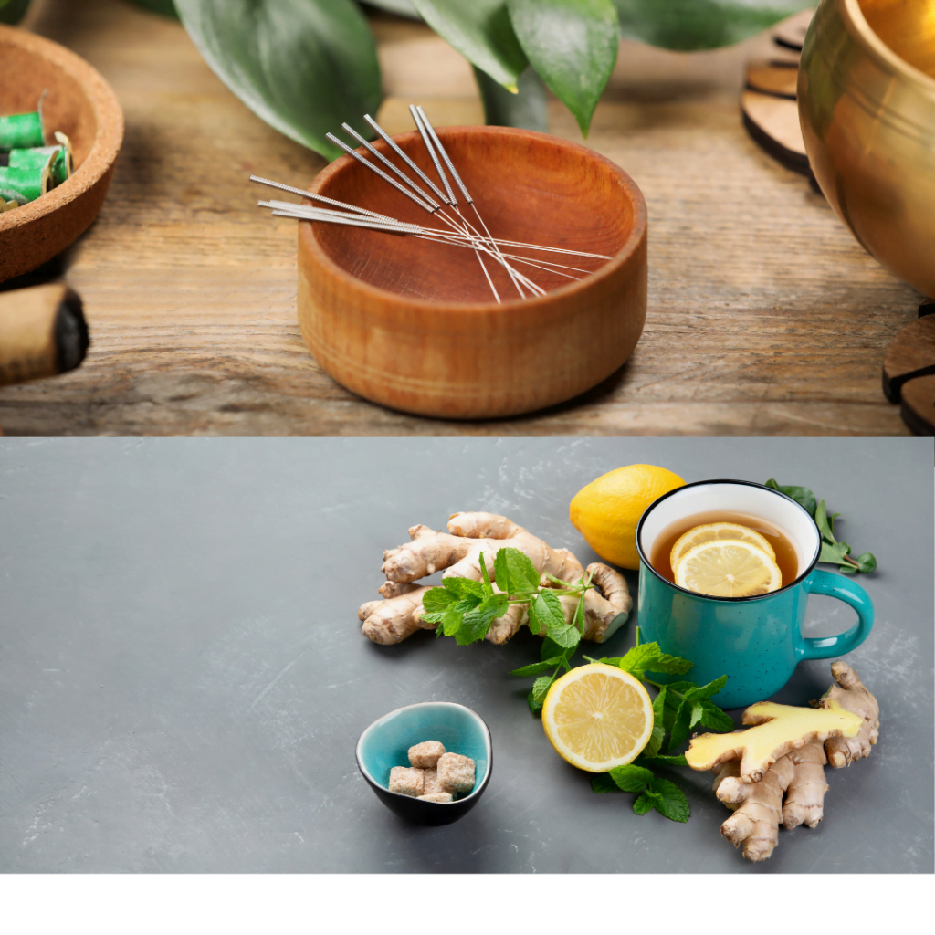 2 pics stacked: top is acupuncture needles on a wooden bowl, bottom is a cup of ginger tea with fresh ginger and lemon beside it