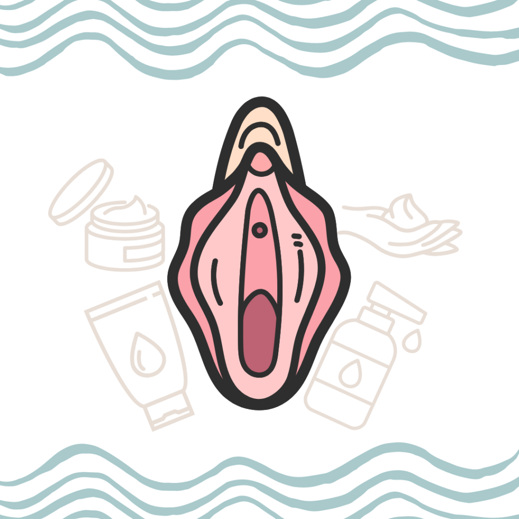 Clipart vulva with seafoam green waves at the top and bottom and different bottles of moisturizer in beige around the image