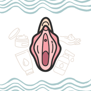 Clipart vulva with seafoam green waves at the top and bottom and different bottles of moisturizer in beige around the image