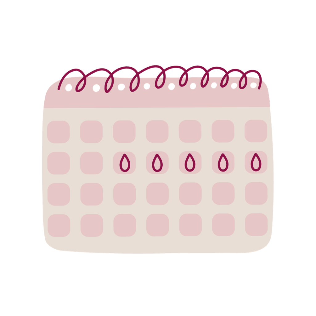 Beige clipart calendar with pink squares for days and a wire up through the holes for binding. 5 days have drops in them denoting a period.