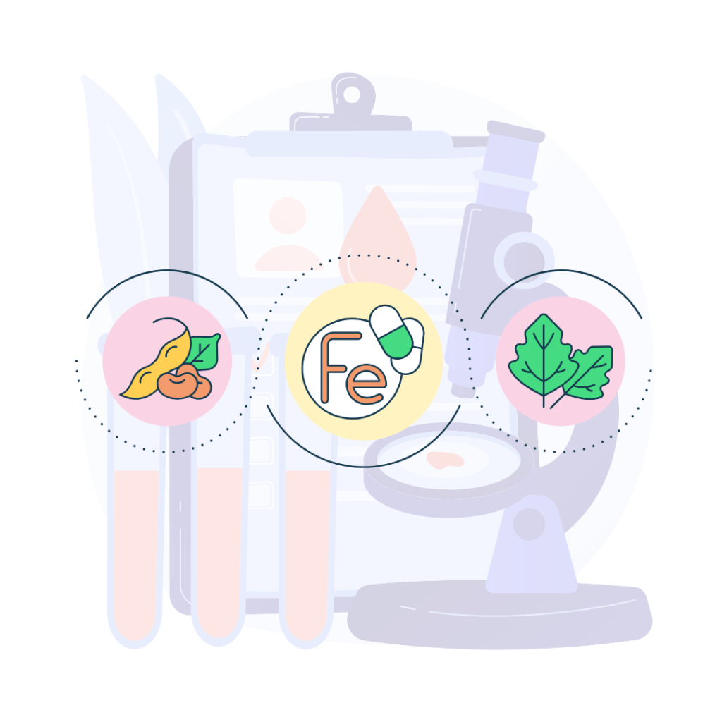 a microscope and blood test tubes in the background. The letters Fe with greens and legumes around it in the foreground.