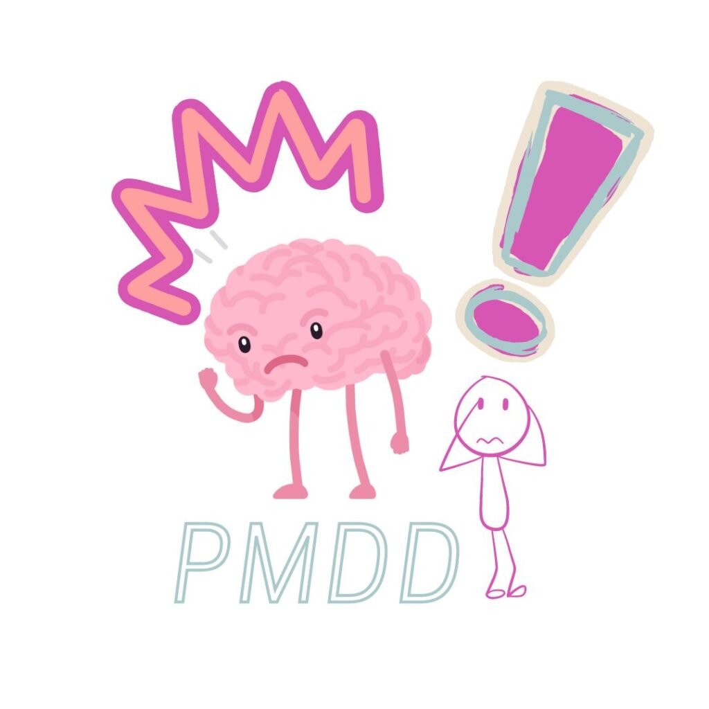 Stick figure holding their head and a brain shaking its fist with the words PMDD under