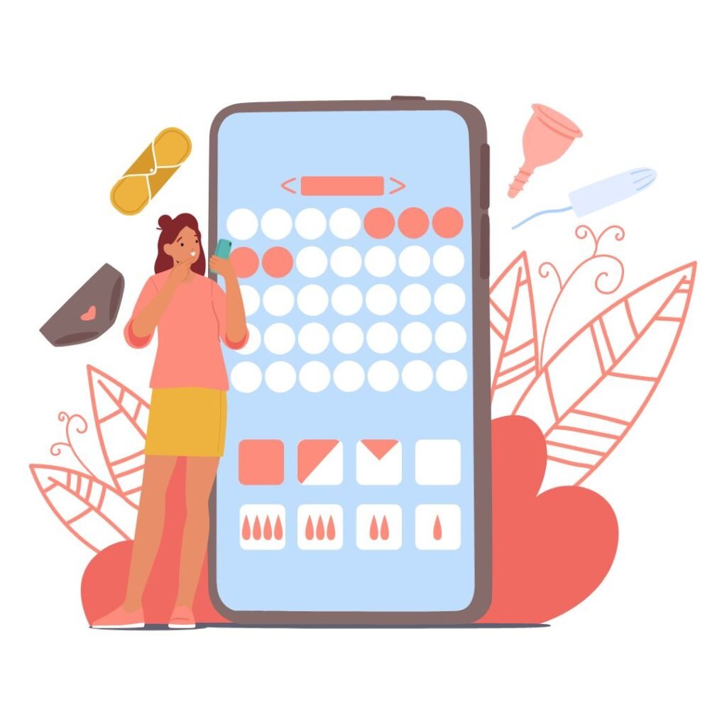 clipart phone with a blue background and white dots representing the days of the month with one week marked in red. There's a clipart woman in front of the phone pointing to it and period products scattered across the background