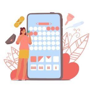 clipart phone with a blue background and white dots representing the days of the month with one week marked in red. There's a clipart woman in front of the phone pointing to it and period products scattered across the background