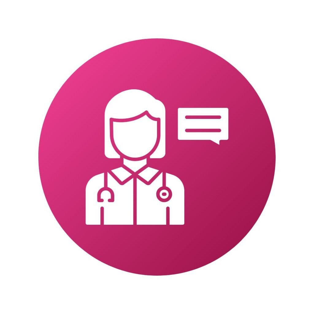 pink circle with a doctor emoticon and a speech bubble beside it